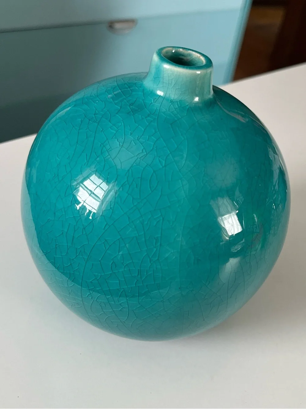 Crate&Barrel Teal Gloss Crackle Ceramic 5” Globe Vase